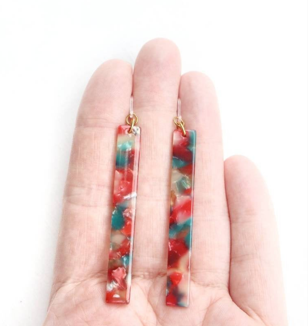 Coral & Teal Marbled Acrylic Bar Earrings