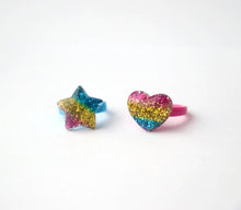 Load image into Gallery viewer, Multicolour Glitter Star &amp; Heart Rings
