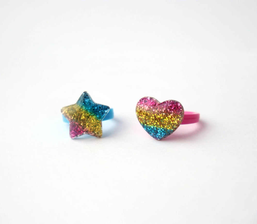 Multicolour Glitter Star & Heart Rings