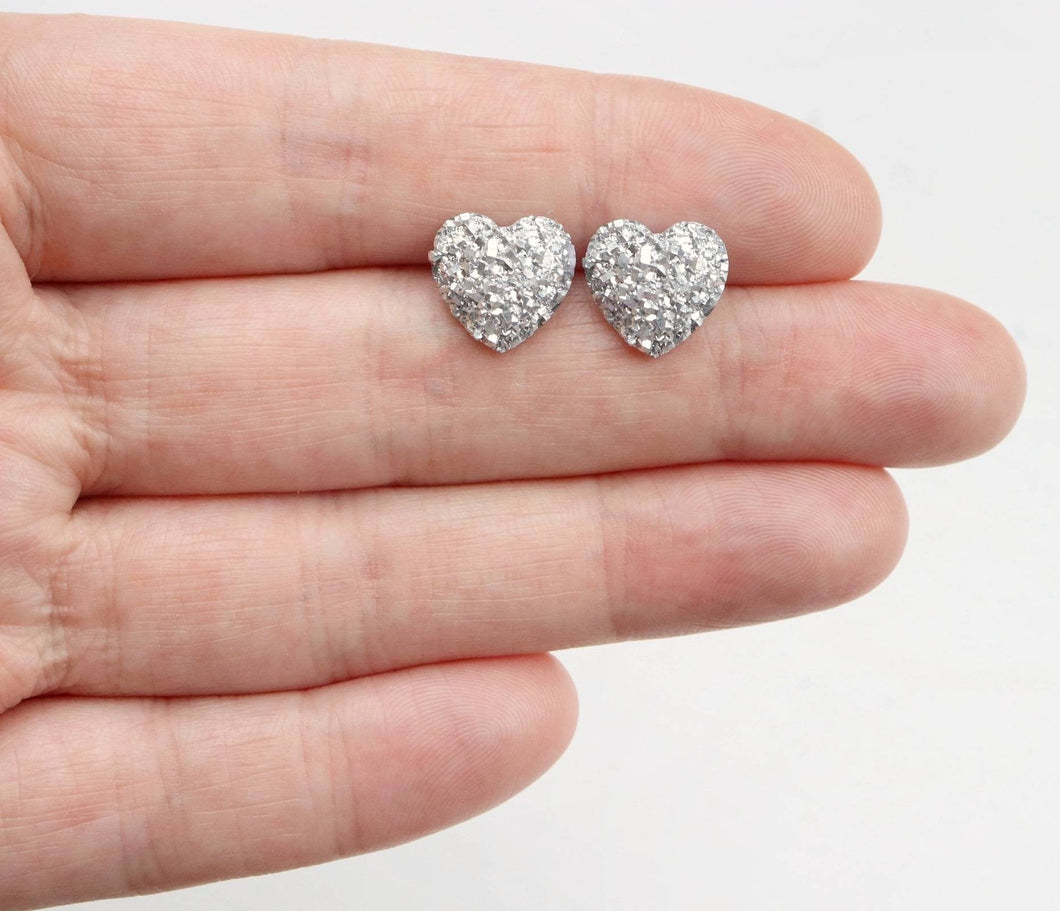 Silver Faux Druzy Heart Earrings