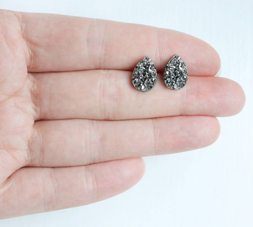 Gunmetal Teardrop Faux Druzy Earrings