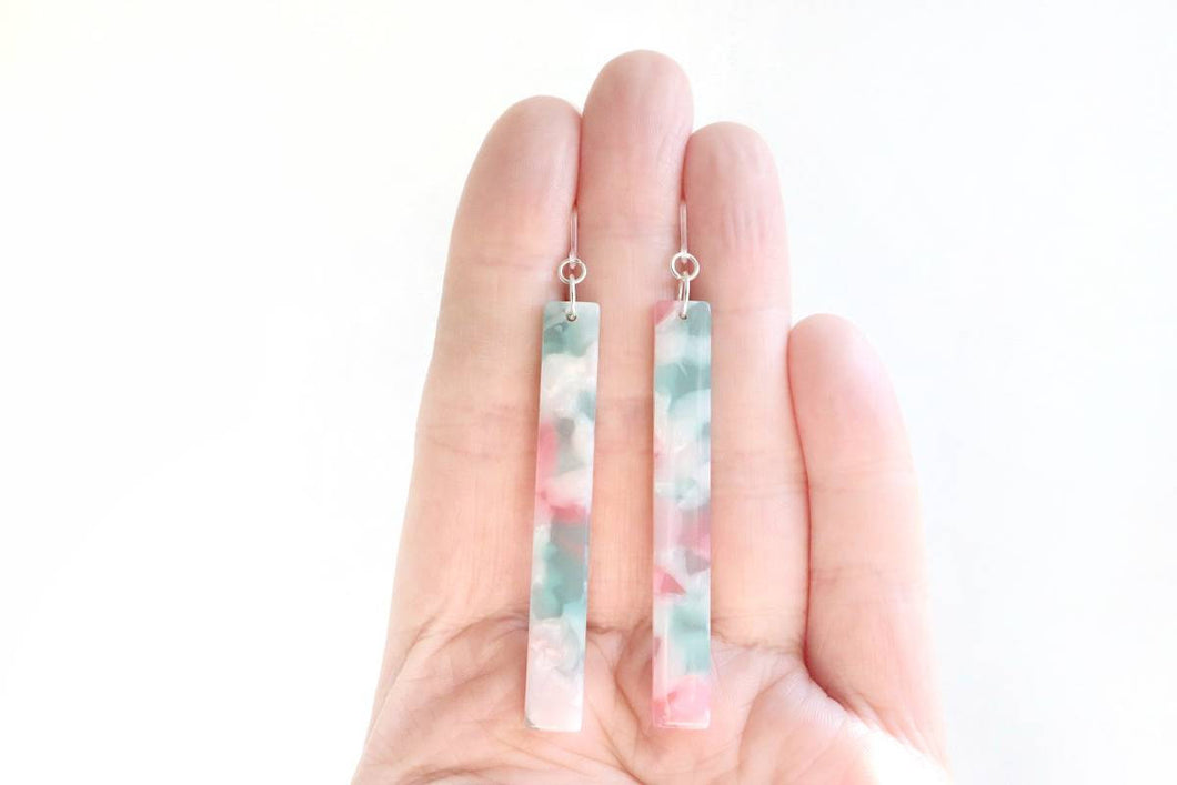 Pink, Mint & Pearl Marbled Acrylic Bar Earrings