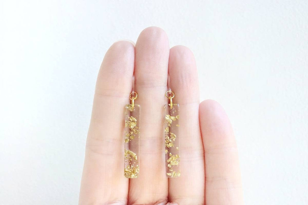 Gold Flake Filled Clear Acrylic Mini Bar Earrings