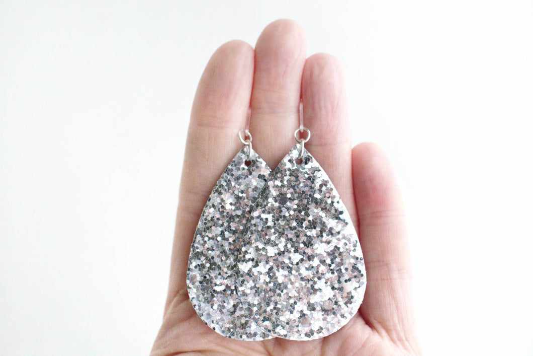 Silver Glitter Teardrop Earrings