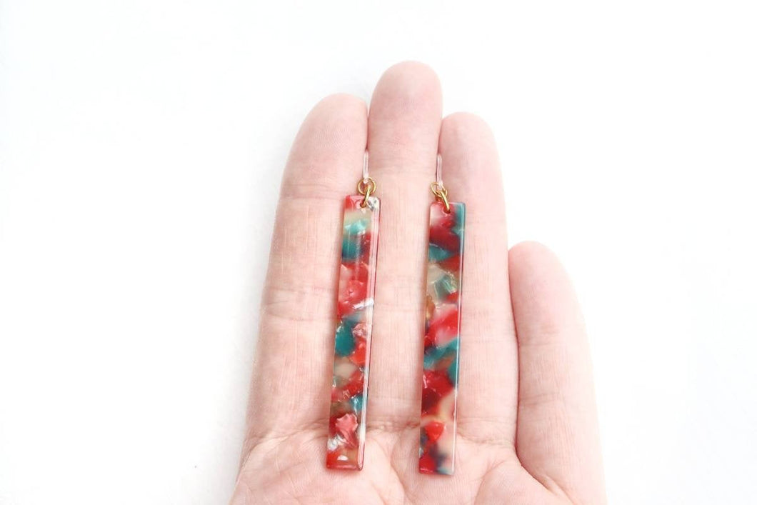 Coral & Teal Marbled Acrylic Bar Earrings