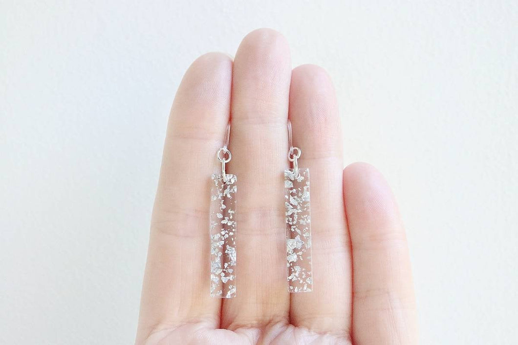 Silver Flake Filled Clear Acrylic Mini Bar Earrings