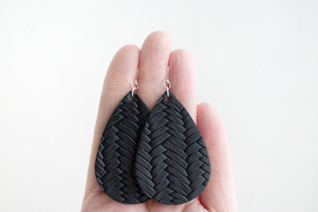 Black Textured Faux Leather Earrings