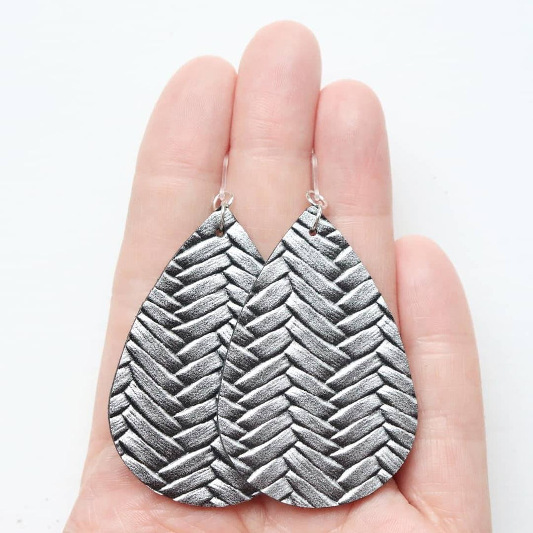 Metallic Silver Textured Faux Leather Earrings