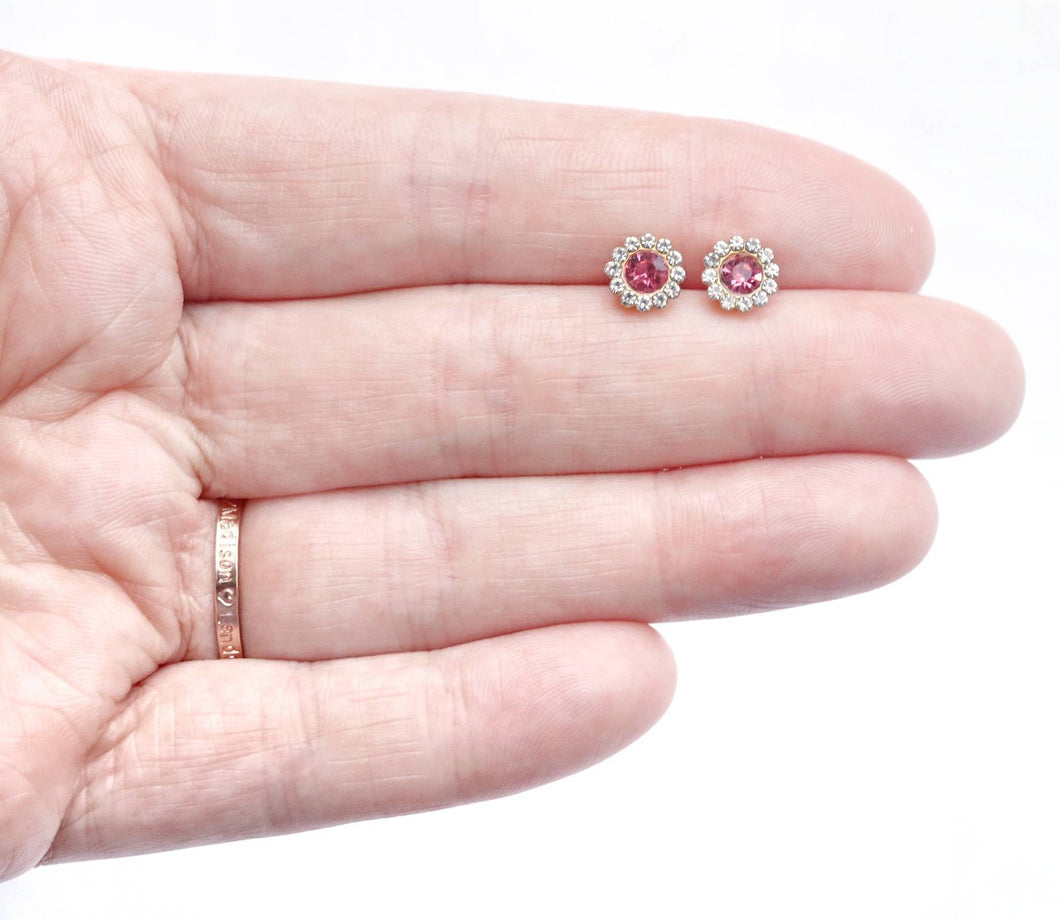 Pink Rhinestone Flower Earrings