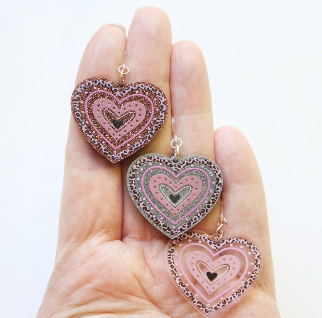 Dangly Glitter Leopard Heart Earrings