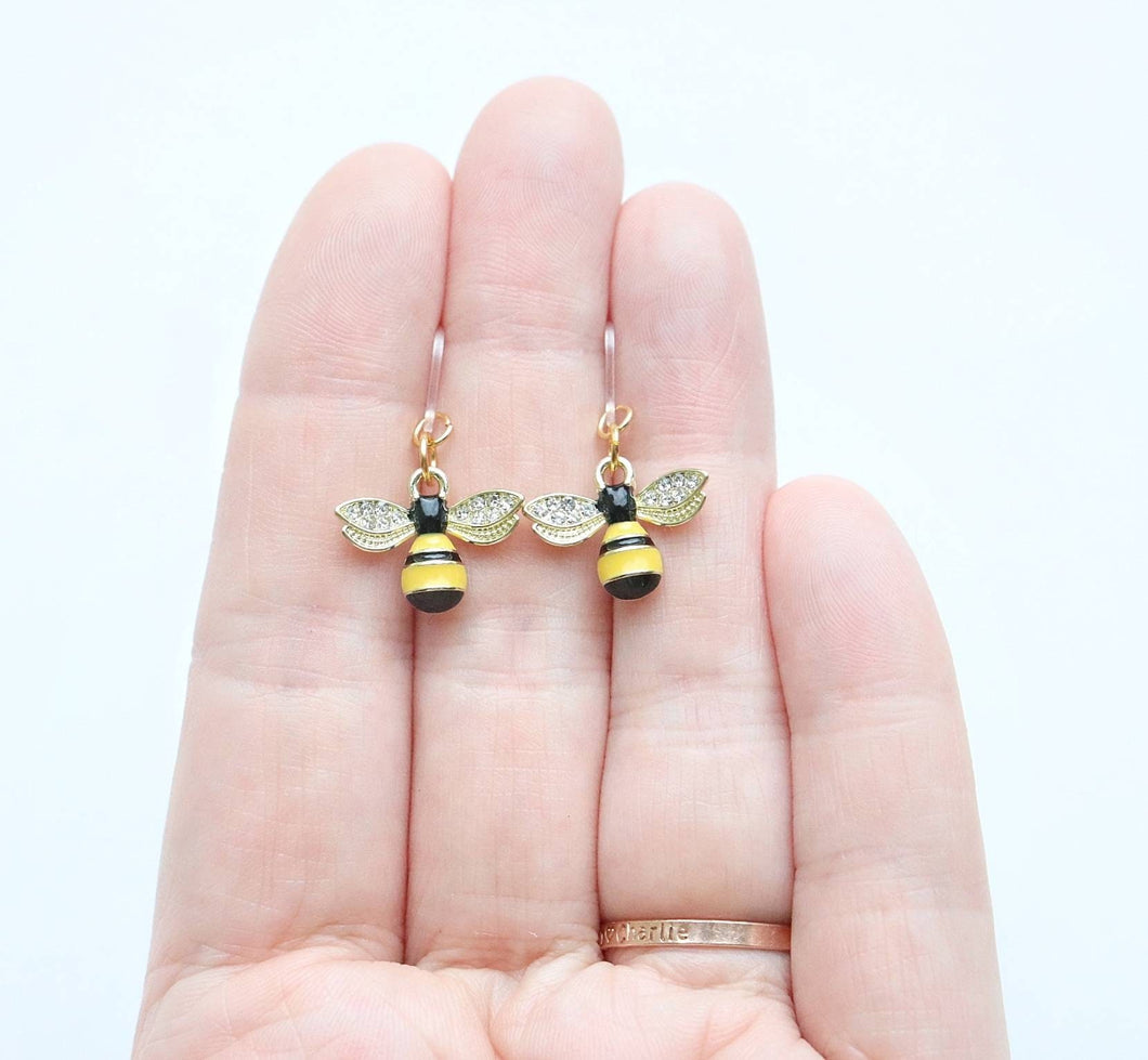 Rhinestone Winged Bee Metal Charm Earrings